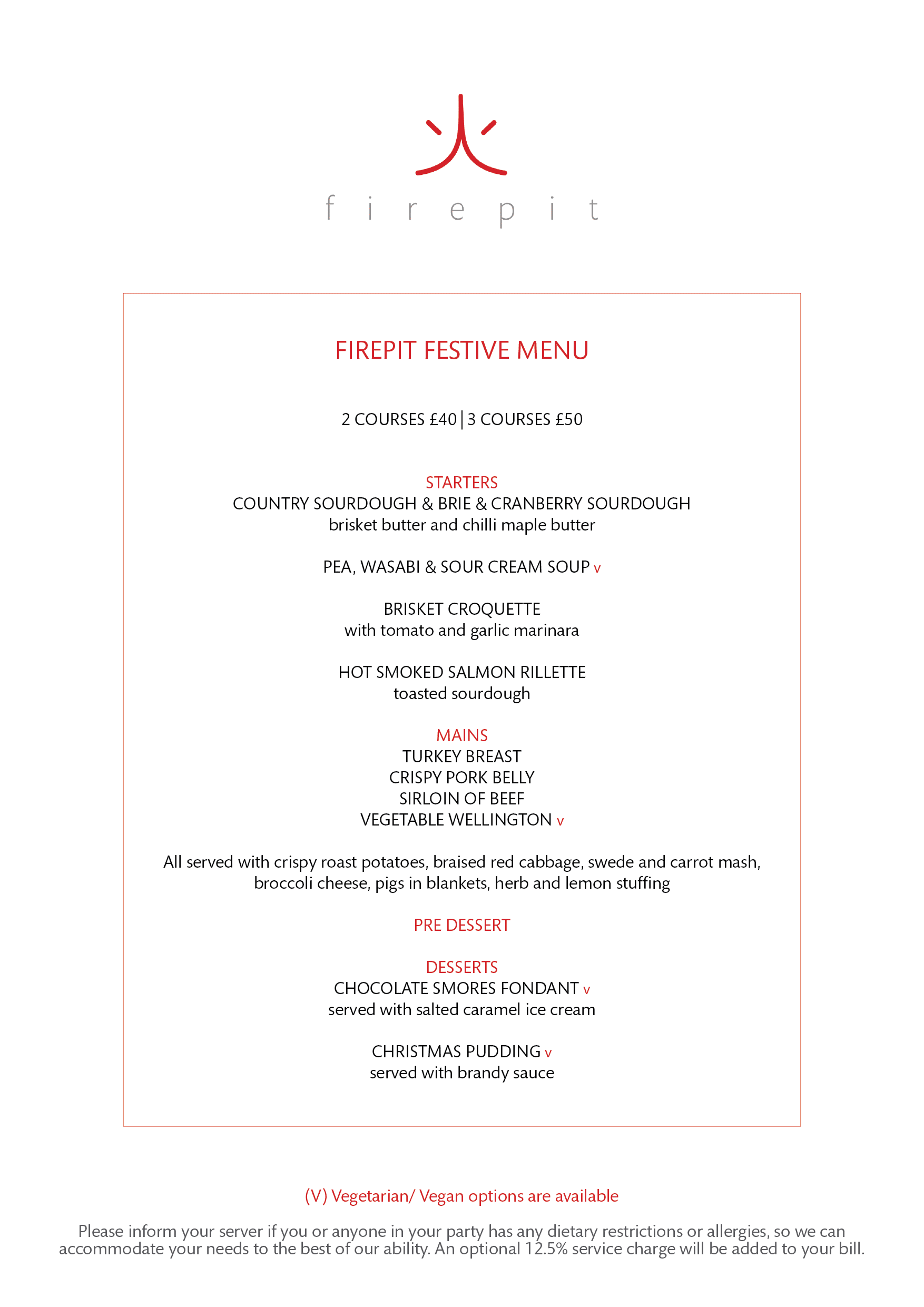 Firepit Festive Menu - Cave Hotels